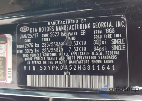 2017 Kia Sorento 3.3L Sx z USA, uszkodzony, nr VIN 5XYPKDA52HG311641